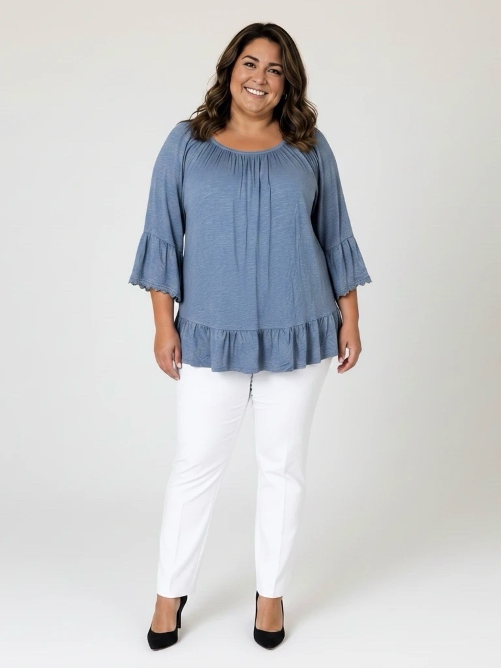 Style & Co Light Blue Crochet-Trim Ruffle Hem Bell Sleeves Top – Women’s 1X